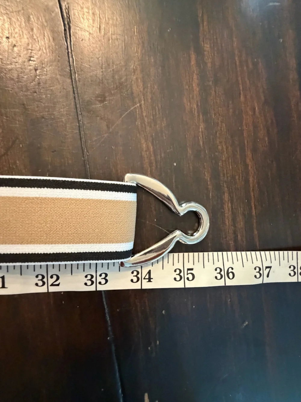 Striped Elastic Belt with Silver Interlocking Buckle - Tan/Black/White